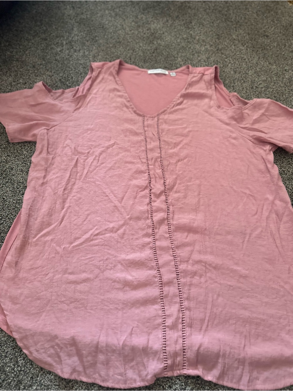 Notations Pink Cold-Shoulder V-Neck Tunic with Center Ladder Trim